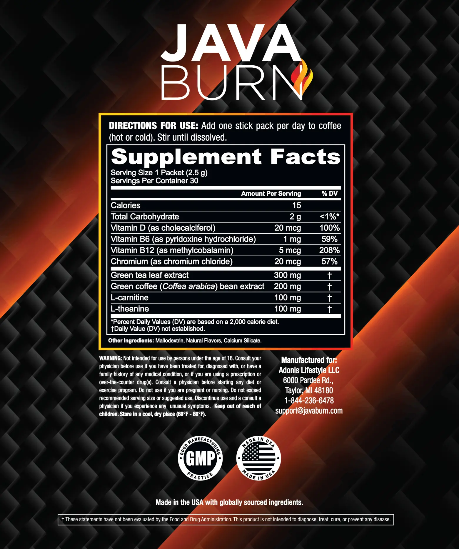 Java Burn Ingredient label