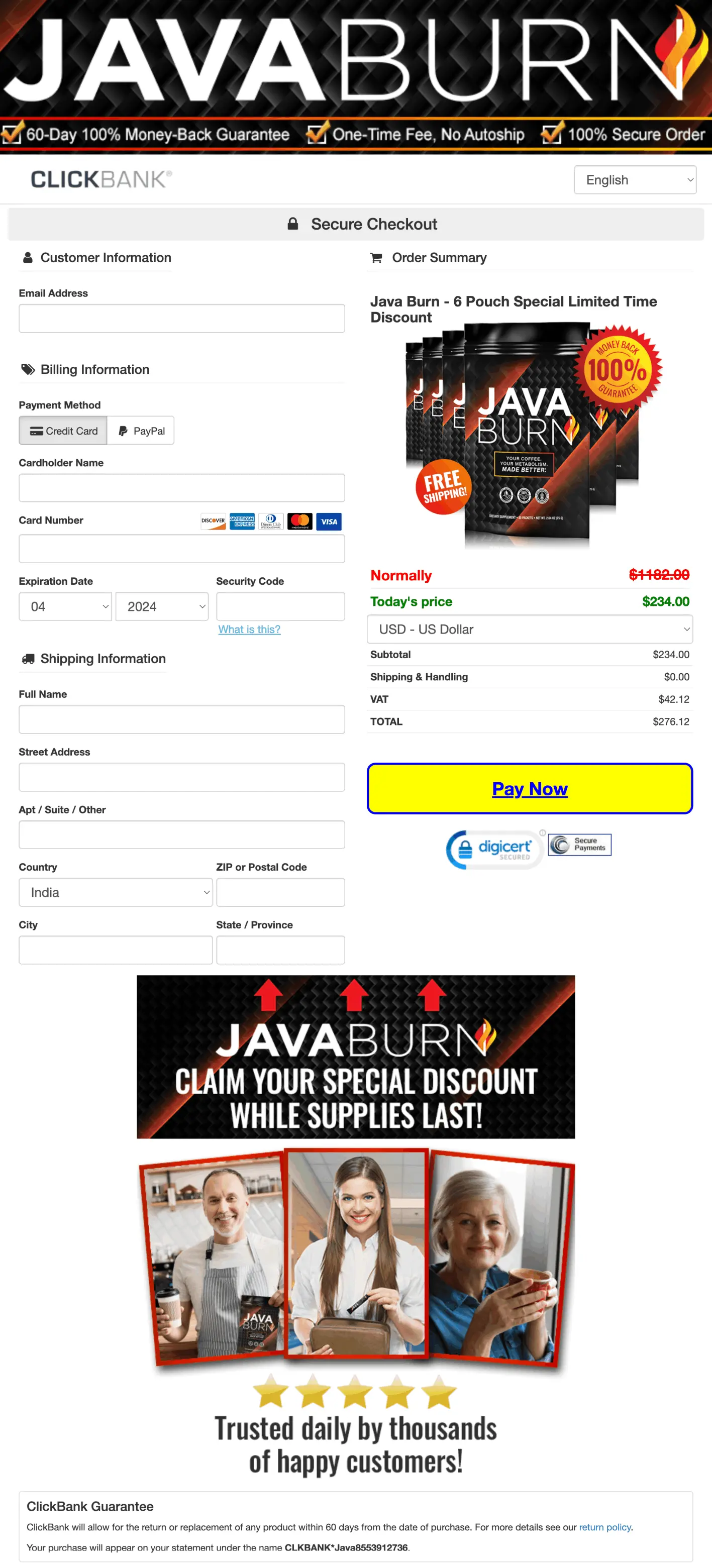 Java Burn checkout page